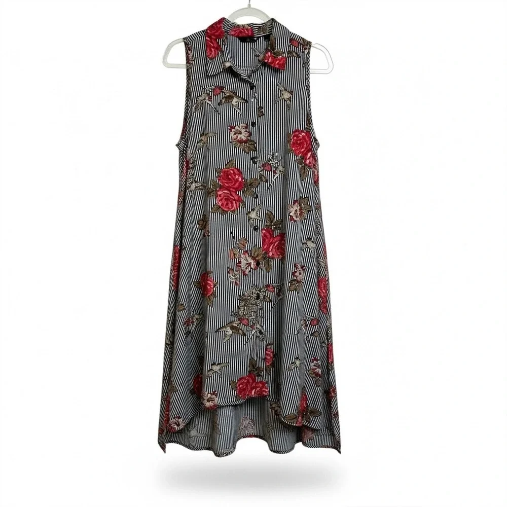Navy‎ Striped Floral Bird Print Sleeveless Midi Dress  Red Roses Size L